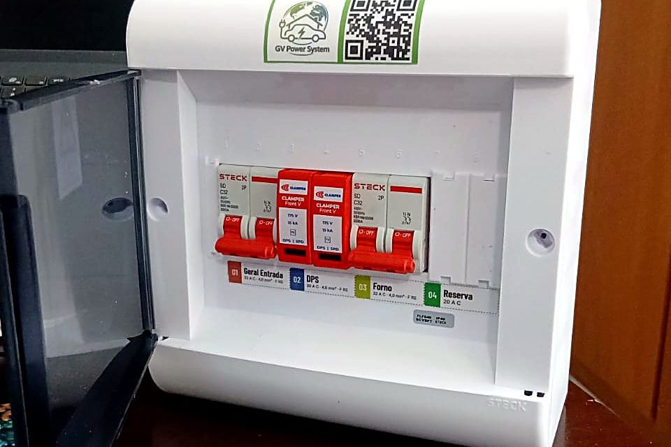 Quadro de distribuição montado pela GV com disjuntores e DPS identificados